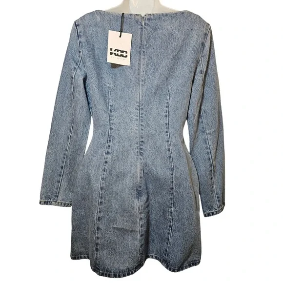 KBB Denim Mini Dress Women 8 Blue New Double Breasted Long Sleeve Vintage Wash - Picture 2 of 5